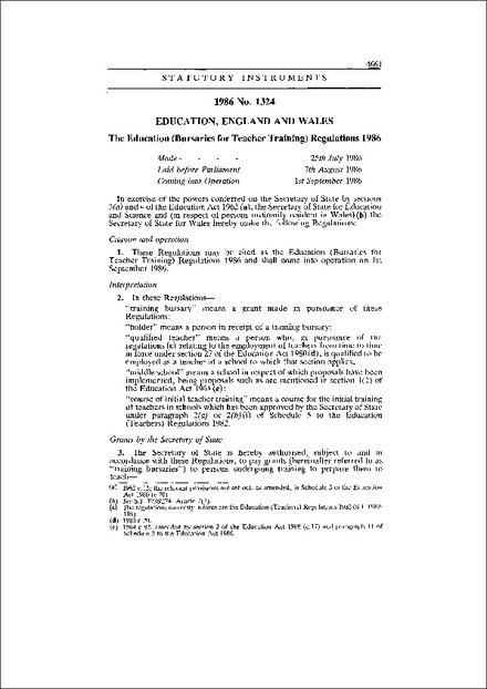 The Education (Bursaries for Teacher Training) Regulations 1986