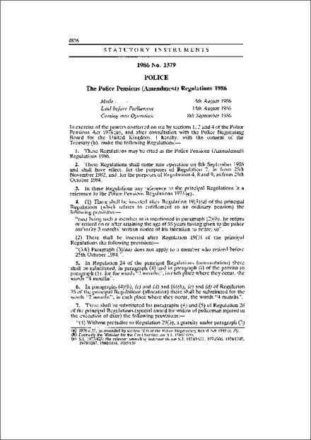 The Police Pensions (Amendment) Regulations 1986