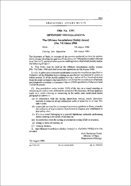The Offshore Installations (Safety Zones) (No. 74) Order 1986