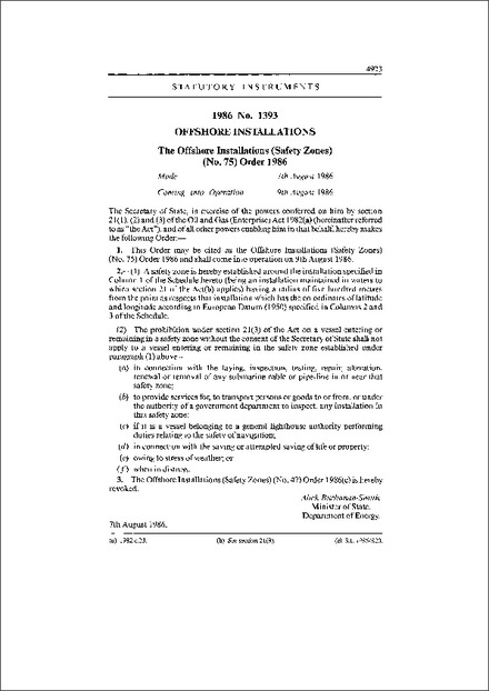 The Offshore Installations (Safety Zones) (No. 75) Order 1986
