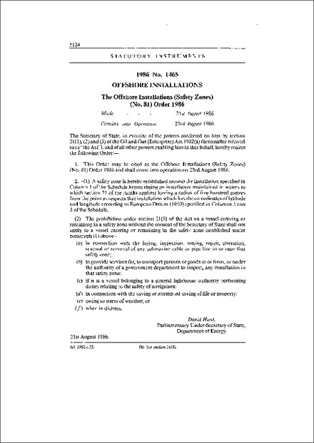 The Offshore Installations (Safety Zones) (No. 81) Order 1986