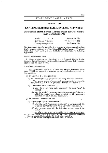 The National Health Service (General Dental Services) Amendment Regulations 1986