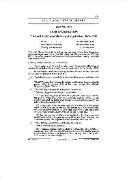 The Land Registration (Delivery of Applications) Rules 1986