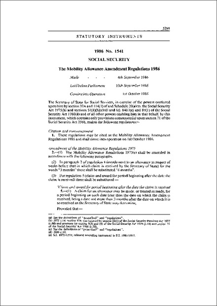 The Mobility Allowance Amendment Regulations 1986
