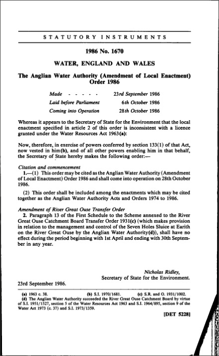 The Anglian Water Authority (Amendment of Local Enactment) Order 1986