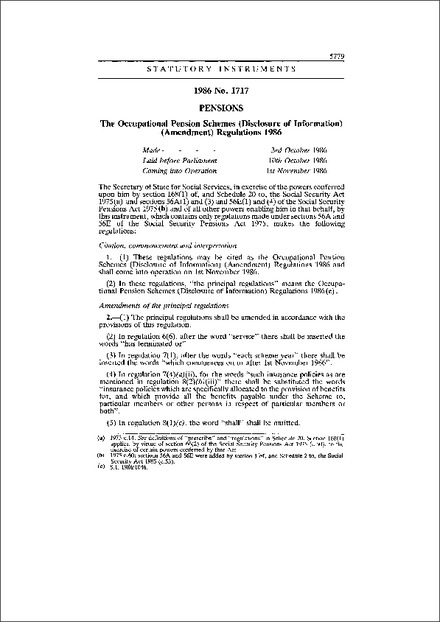 The Occupational Pension Schemes (Disclosure of Information) (Amendment) Regulations 1986