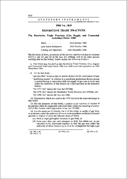 The Restrictive Trade Practices - (Gas Supply and Connected Activities) Order 1986