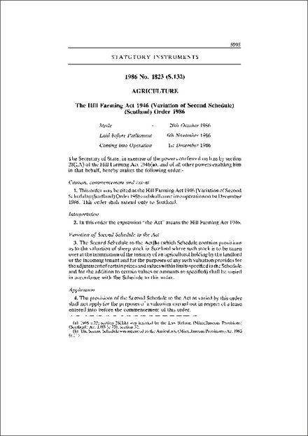 The Hill Farming Act 1946 (Variation of Second Schedule) (Scotland) Order 1986
