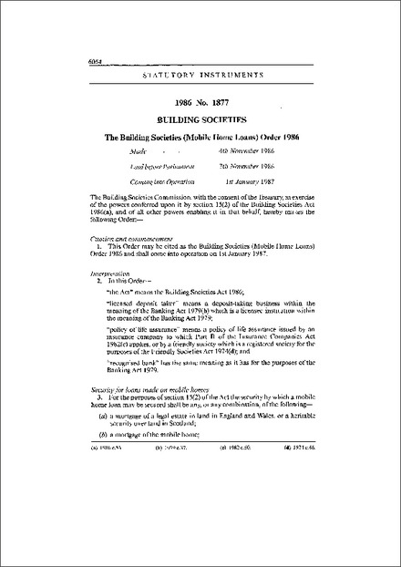 The Building Societies (Mobile Home Loans) Order 1986