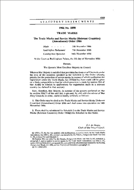 The Trade Marks and Service Marks (Relevant Countries) (Amendment) Order 1986