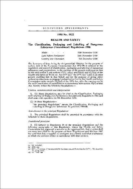 The Classification, Packaging and Labelling of Dangerous Substances (Amendment) Regulations 1986