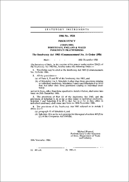 The Insolvency Act 1985 (Commencement No. 5) Order 1986