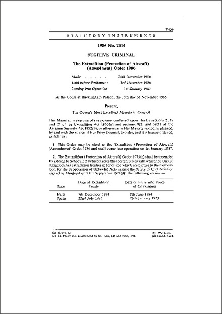 The Extradition (Protection of Aircraft) (Amendment) Order 1986