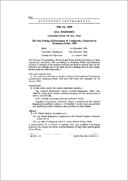 The Sea Fishing (Enforcement of Community Conservation Measures) Order 1986