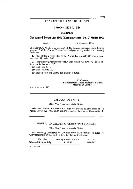 The Armed Forces Act 1986 (Commencement No. 2) Order 1986