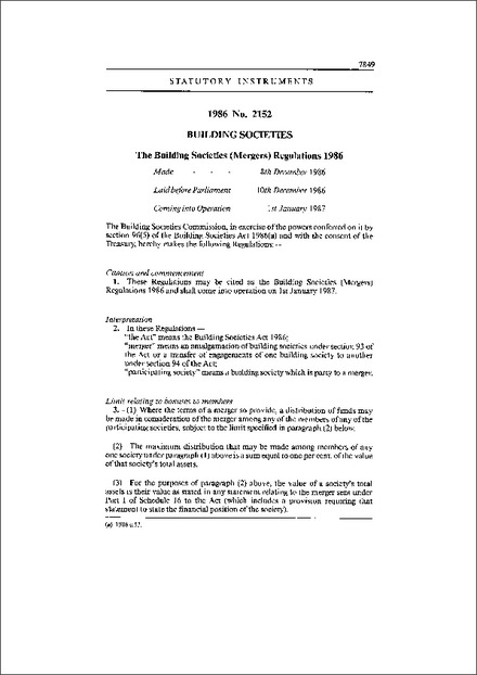 The Building Societies (Mergers) Regulations 1986