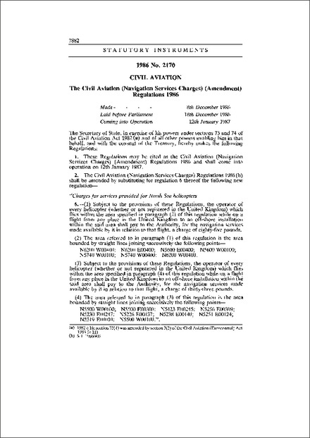 The Civil Aviation (Navigation Services Charges) (Amendment) Regulations 1986