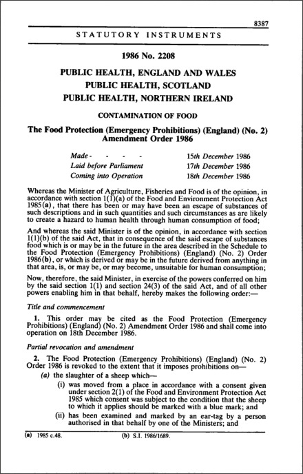The Food Protection (Emergency Prohibitions) (England) (No. 2) Amendment Order 1986