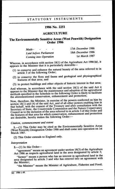 The Environmentally Sensitive Areas (West Penwith) Designation Order 1986