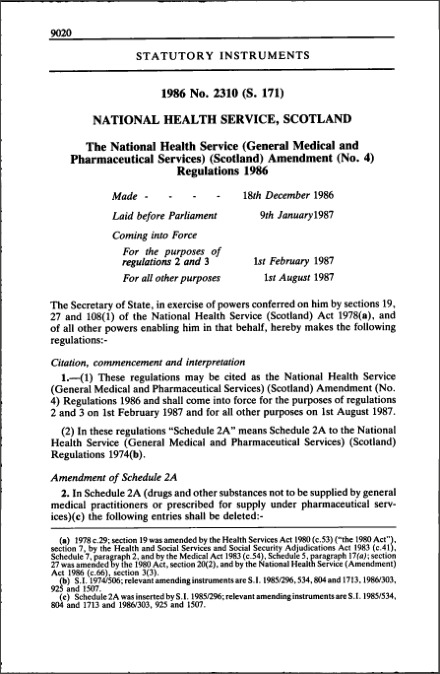 The National Health Service (General Medical and Pharmaceutical Services) (Scotland) Amendment (No. 4) Regulations 1986