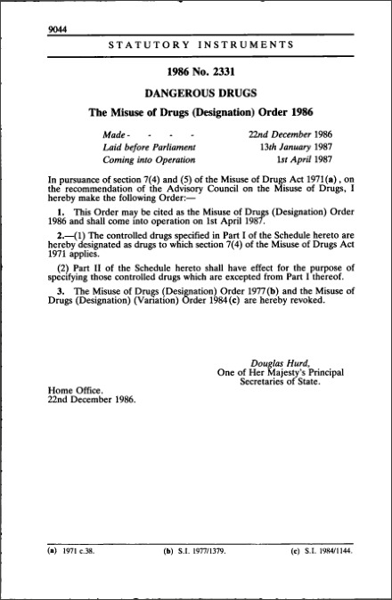 The Misuse of Drugs (Designation) Order 1986