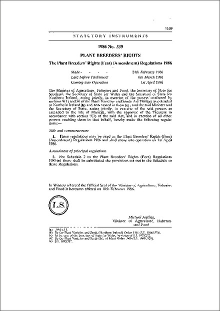 The Plant Breeders' Rights (Fees) (Amendment) Regulations 1986