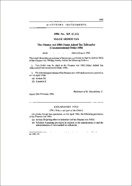 The Finance Act 1985 (Value Added Tax Tribunals) (Commencement) Order 1986