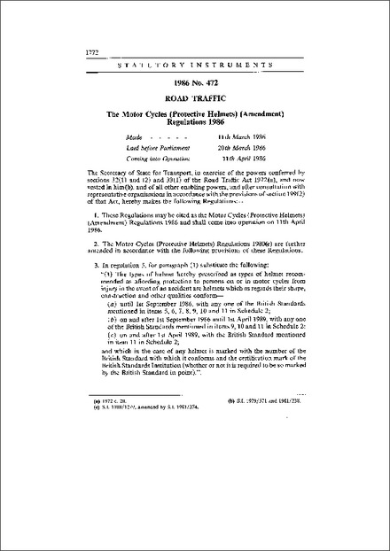 The Motor Cycles (Protective Helmets) (Amendment) Regulations 1986