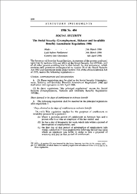 The Social Security (Unemployment, Sickness and Invalidity Benefit) Amendment Regulations 1986
