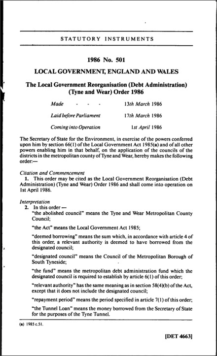 The Local Government Reorganisation (Debt Administration) (Tyne and Wear) Order 1986