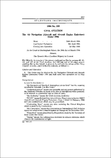 The Air Navigation (Aircraft and Aircraft Engine Emissions) Order 1986