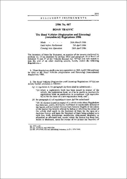 The Road Vehicles (Registration and Licensing) (Amendment) Regulations 1986