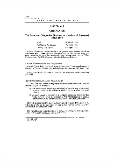 The Insolvent Companies (Reports on Conduct of Directors) Rules 1986