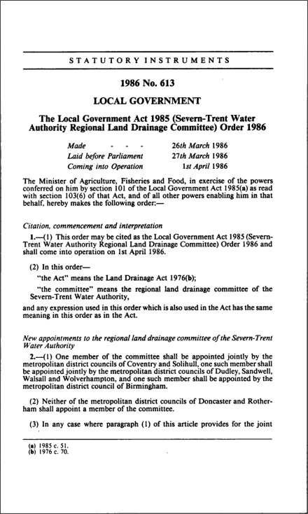 The Local Government Act 1985 (Severn-Trent Water Authority Regional Land Drainage Committee) Order 1986