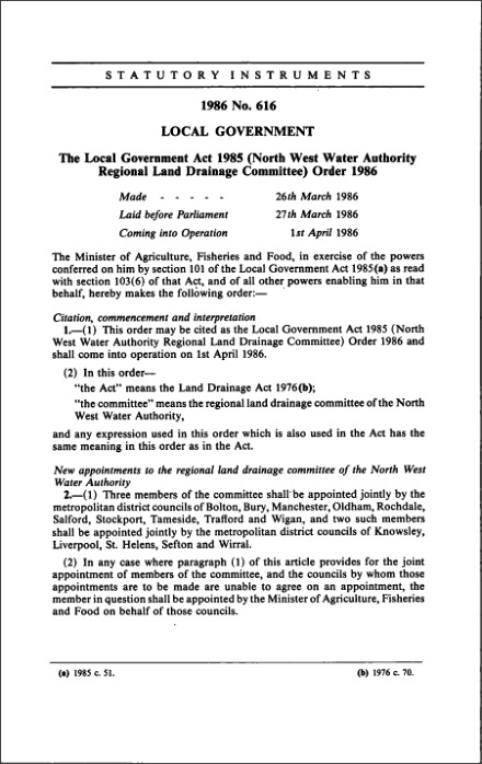 The Local Government Act 1985 (North West Water Authority Regional Land Drainage Committee) Order 1986