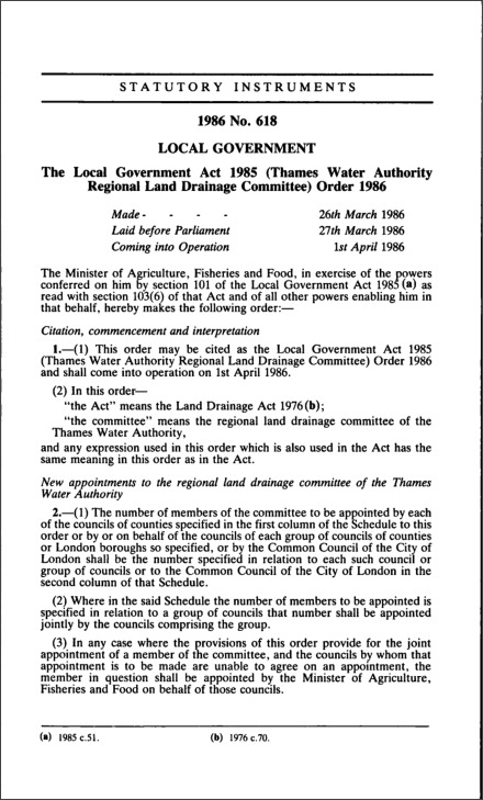 The Local Government Act 1985 (Thames Water Authority Regional Land Drainage Committee) Order 1986