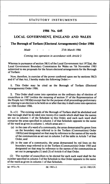 The Borough of Torfaen (Electoral Arrangements) Order 1986