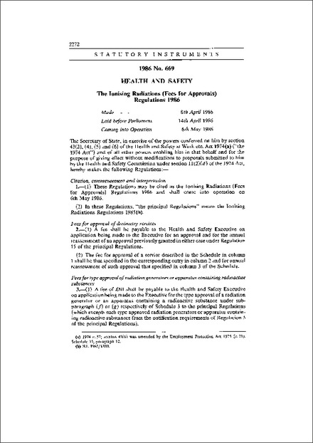 The Ionising Radiations (Fees for Approvals) Regulations 1986