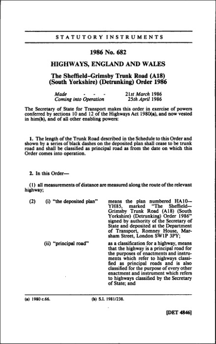 The Sheffield-Grimsby Trunk Road (A18) (South Yorkshire) (Detrunking) Order 1986
