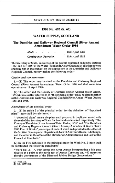 The Dumfries and Galloway Regional Council (River Annan) Amendment Water Order 1986
