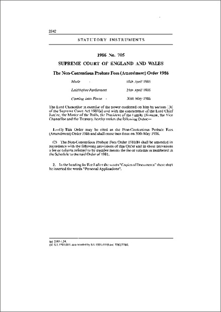 The Non-Contentious Probate Fees (Amendment) Order 1986