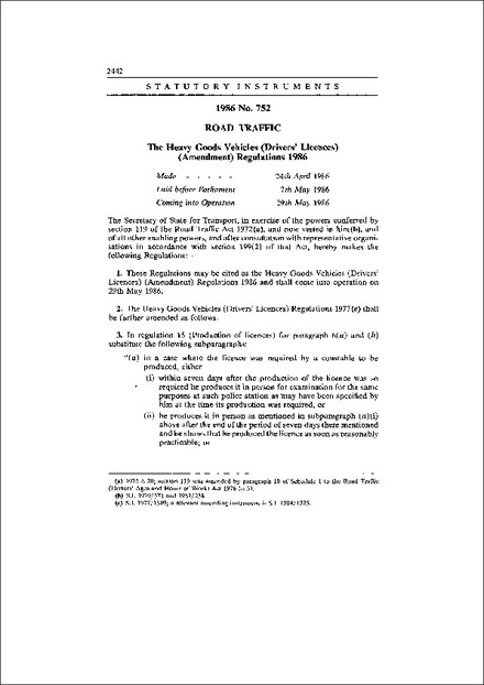 The Heavy Goods Vehicles (Drivers' Licences) (Amendment) Regulations 1986