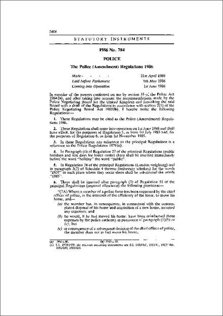 The Police (Amendment) Regulations 1986