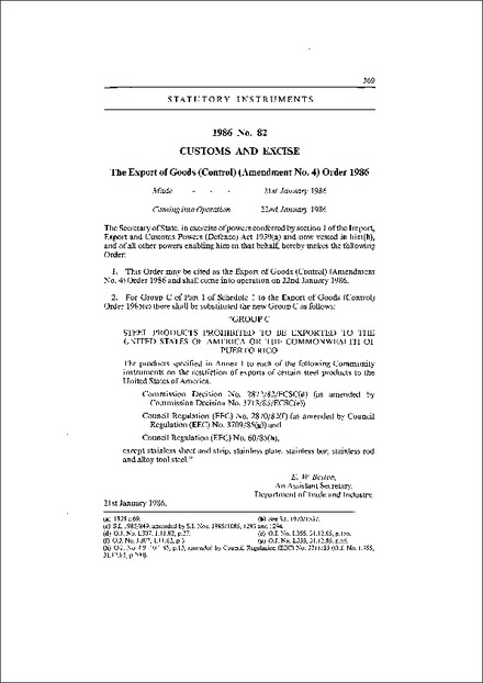 The Export of Goods (Control) (Amendment No. 4) Order 1986