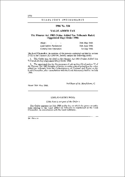 The Finance Act 1985 (Value Added Tax Tribunals Rules) (Appointed Day) Order 1986
