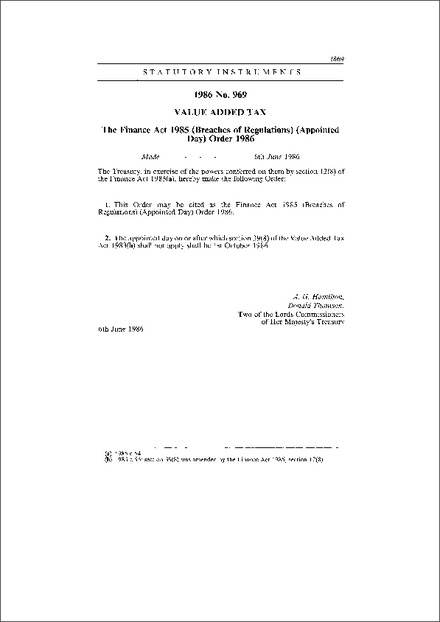 The Finance Act 1985 (Breaches of Regulations) (Appointed Day) Order 1986