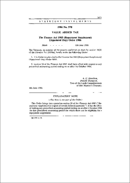 The Finance Act 1985 (Repayment Supplement) (Appointed Day) Order 1986