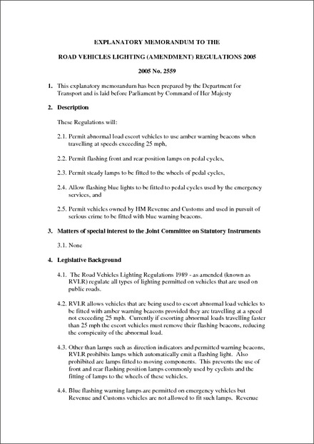 The Road Vehicles Lighting (Amendment) Regulations 2005 - Explanatory  Memorandum