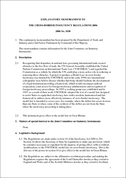 The Cross-Border Insolvency Regulations 2006 - Explanatory Memorandum