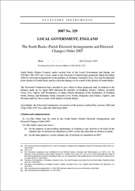 The South Bucks (Parish Electoral Arrangements and Electoral Changes) Order 2007